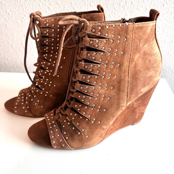 JESSICA SIMPSON | Barlette Brown Studded Open Toe Lace Up Wedge Bootie | Brown - Picture 4 of 10